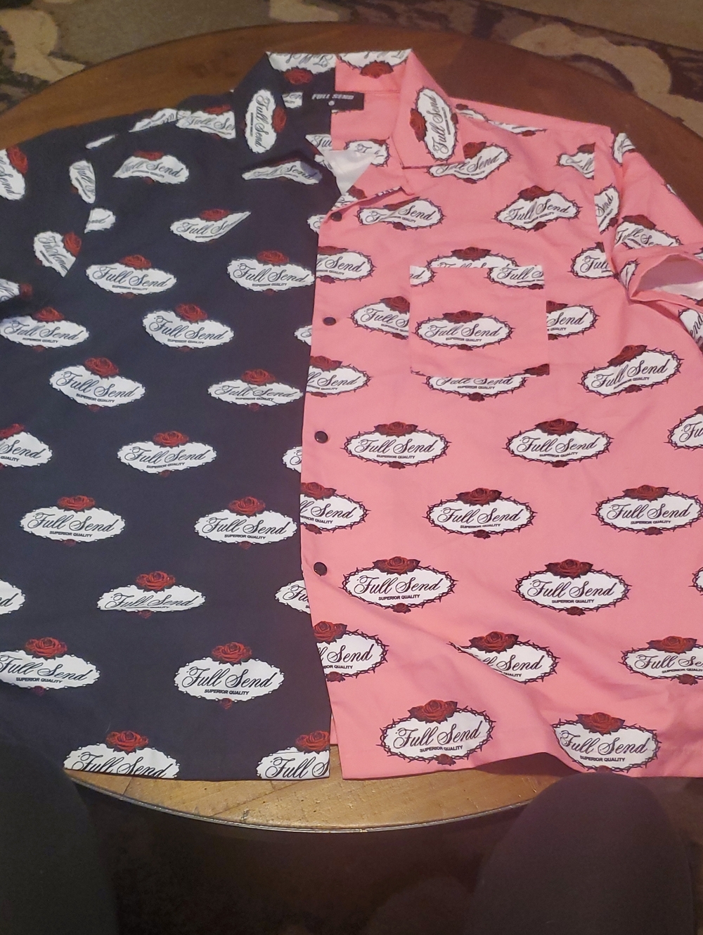 Full Send Men’s Two-Tone Rose Print Button-Down Shirt - Black & Pink
